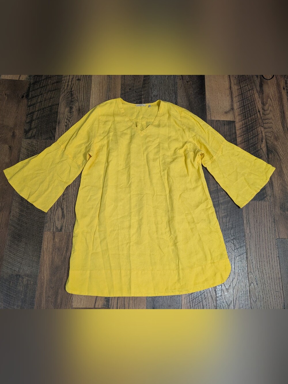 Soft Surroundings Linen Dress 2X Yellow Bell Sleeve V-Neck Tunic Shift Plus Size